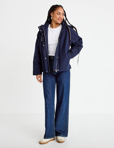Parka courte &agrave; capuche manches longues bleu marine femme
