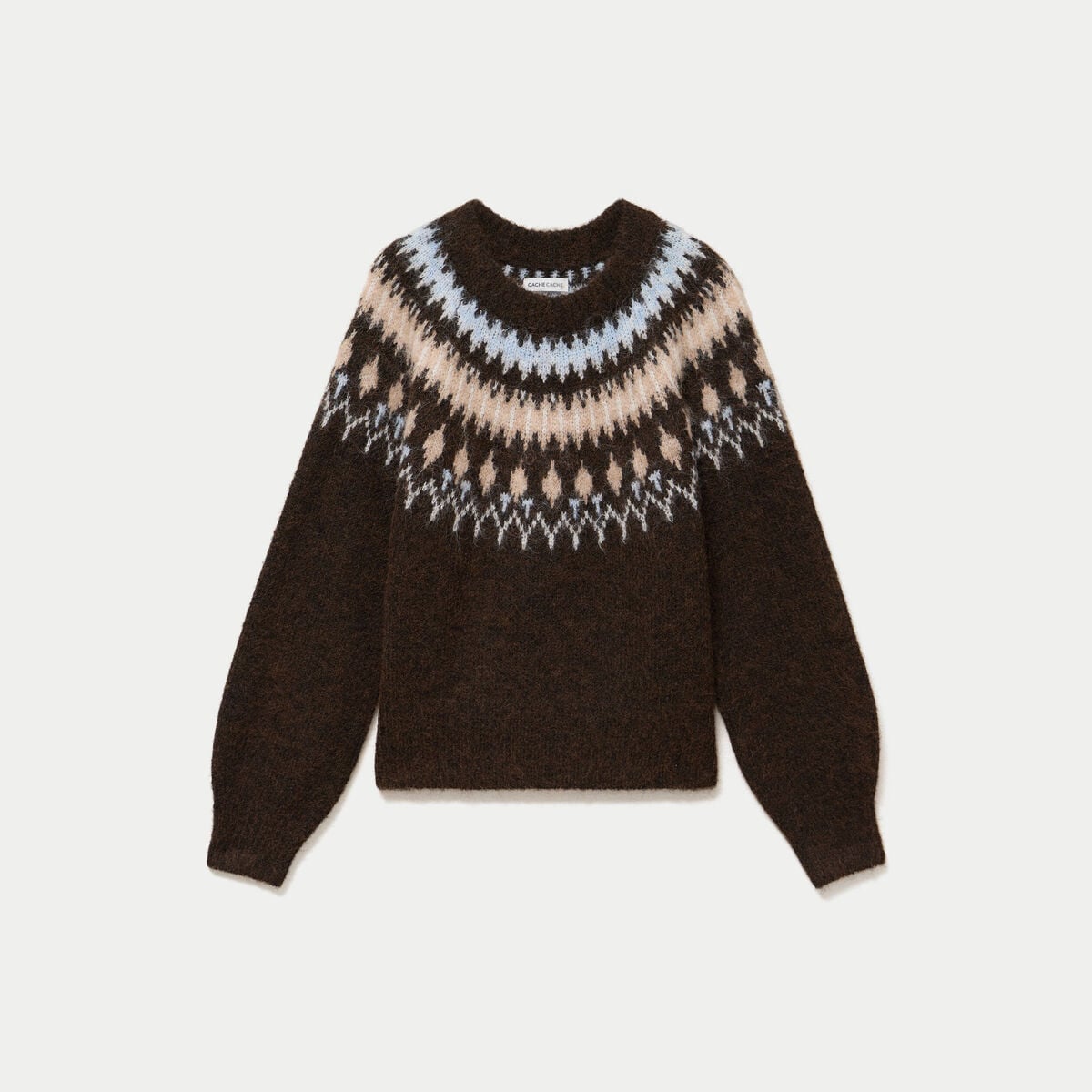 Pull col rond manches longues marron fonc&eacute; femme