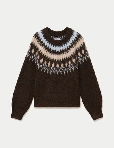 Pull col rond manches longues marron fonc&eacute; femme