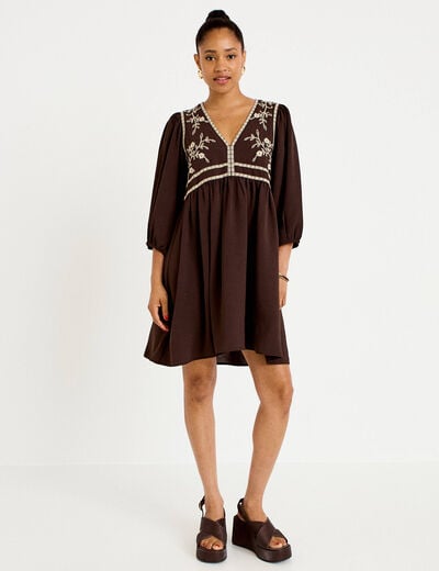 Robe droite courte col v manches 3/4 marron fonc&eacute; femme