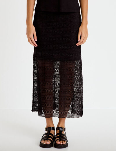 Jupe longue droite en dentelle noir femme