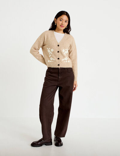 Gilet brod&eacute; col v manches longues beige femme
