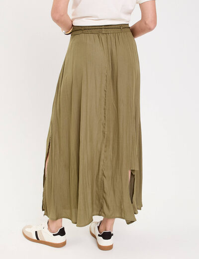 Jupe longue évasée satin vert kaki femme
