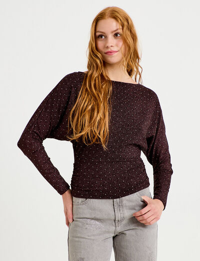Top droit col bateau manches longues violet fonc&eacute; femme