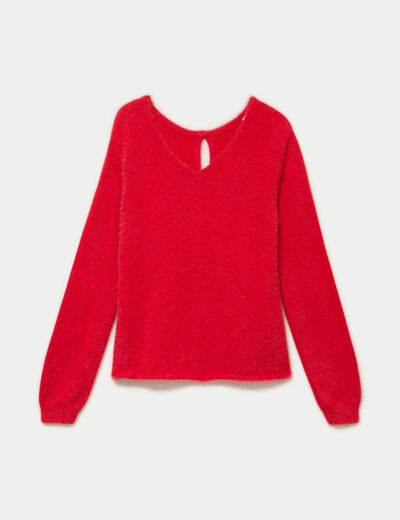 Pull col v manches longues perles rouge femme