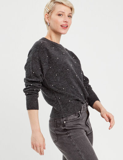 Pull col rond avec perles gris foncé femme
