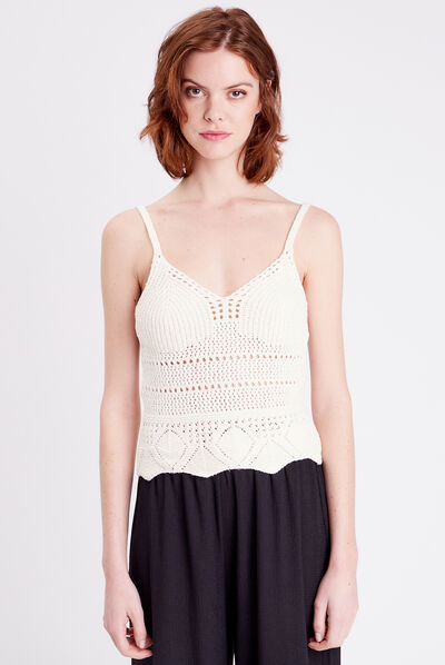 Pull débardeur crochet ecru femme