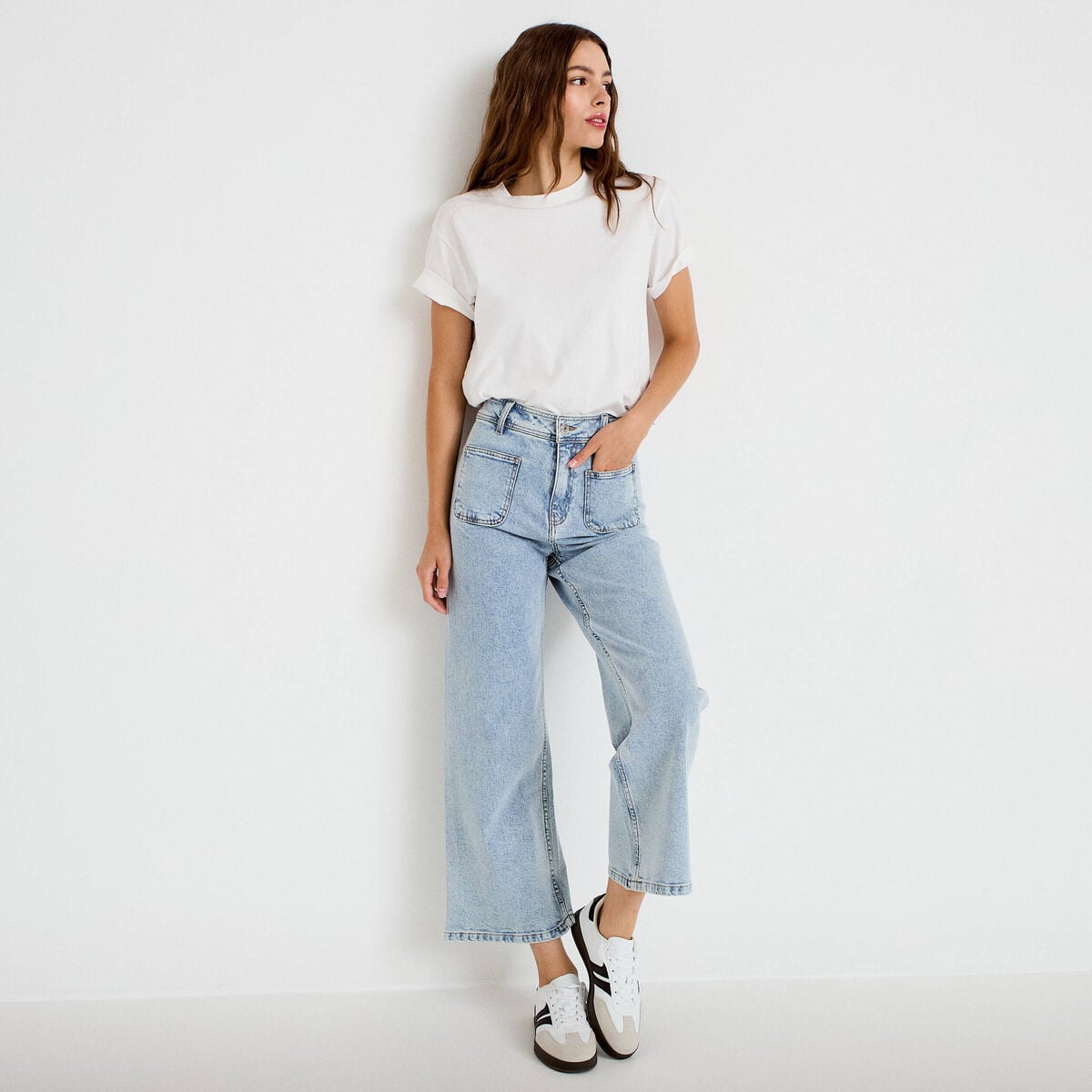 Jean wide leg cropped taille haute denim triple stone femme