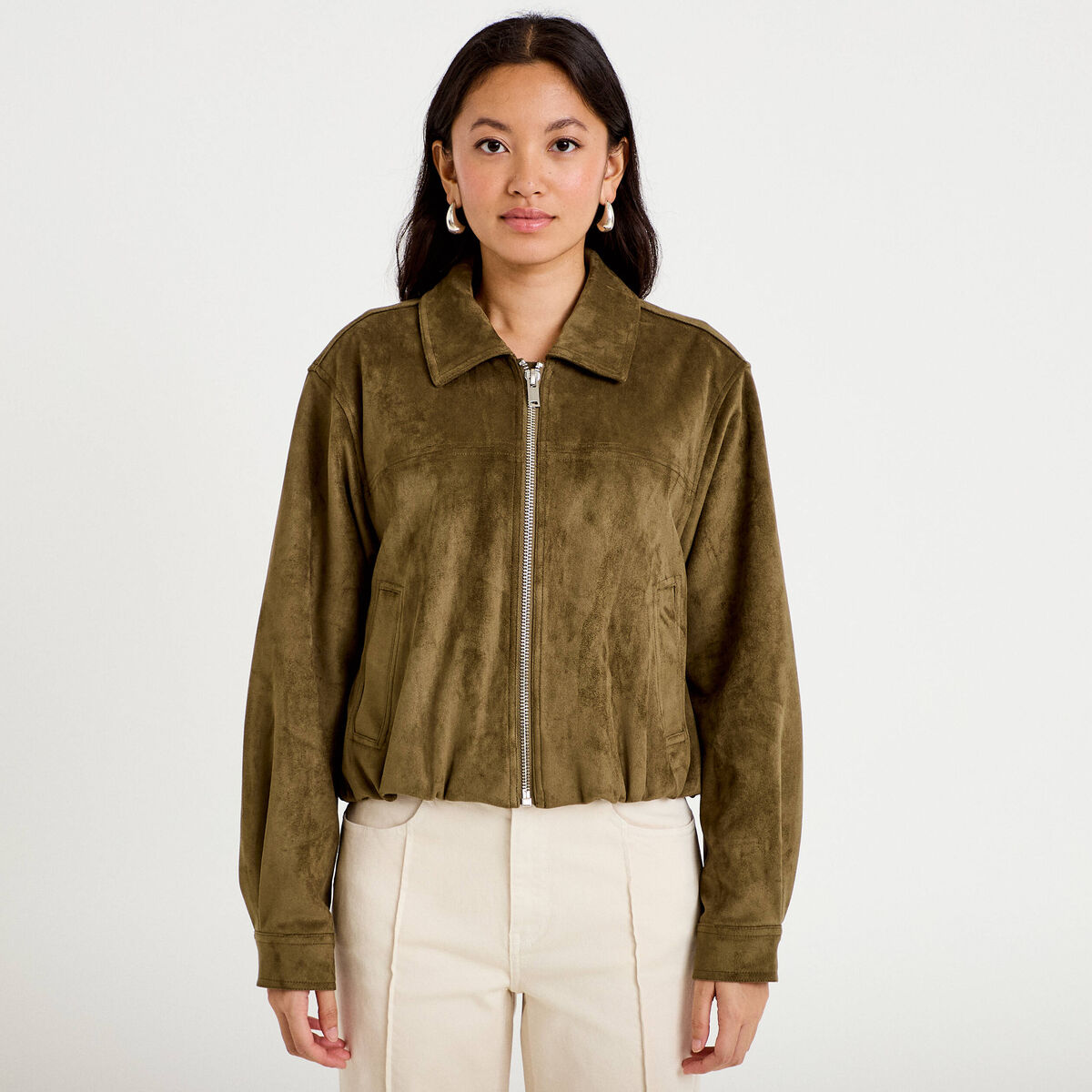 Veste effet boule oversize cropped vert kaki femme