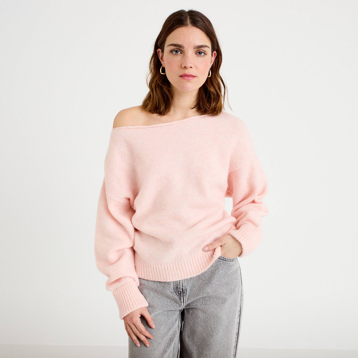 Pull col bateau rose clair femme