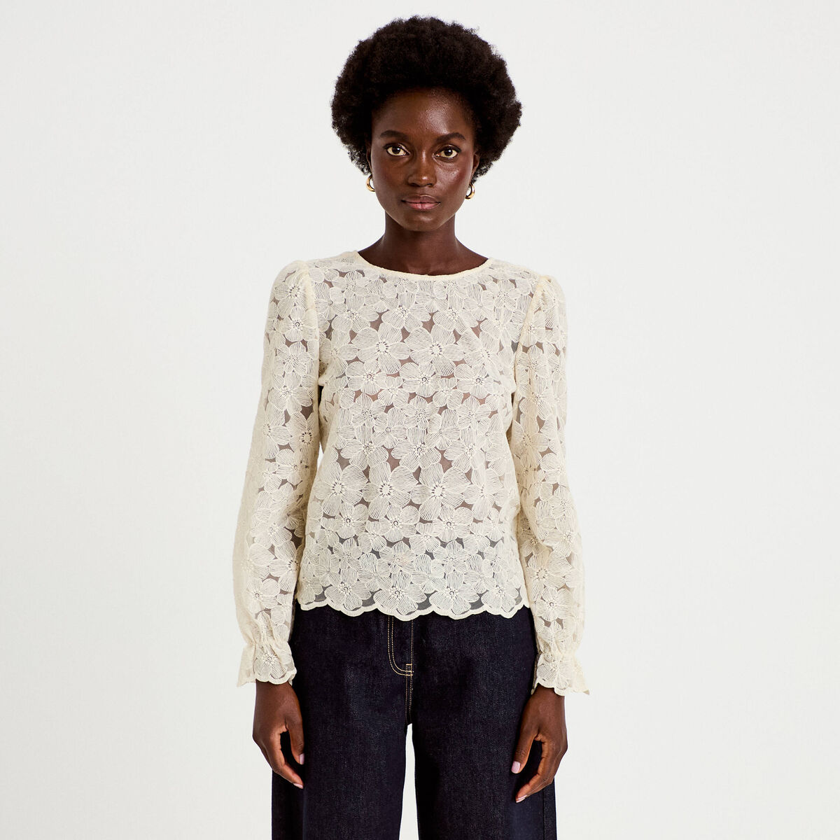 Blouse droite col v en dentelle ecru femme
