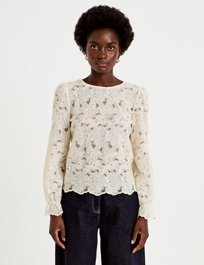 Blouse droite col v en dentelle ecru femme