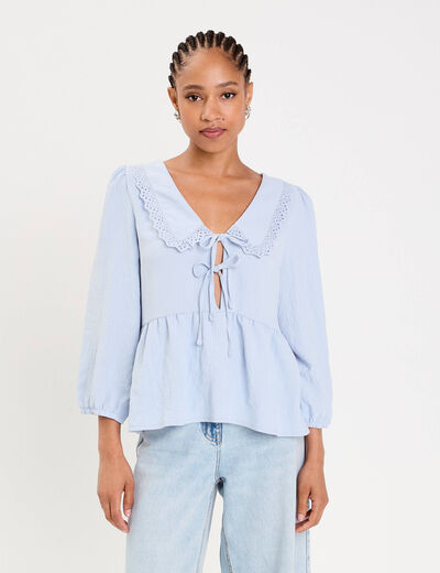 Blouse col claudine denim snow gris femme