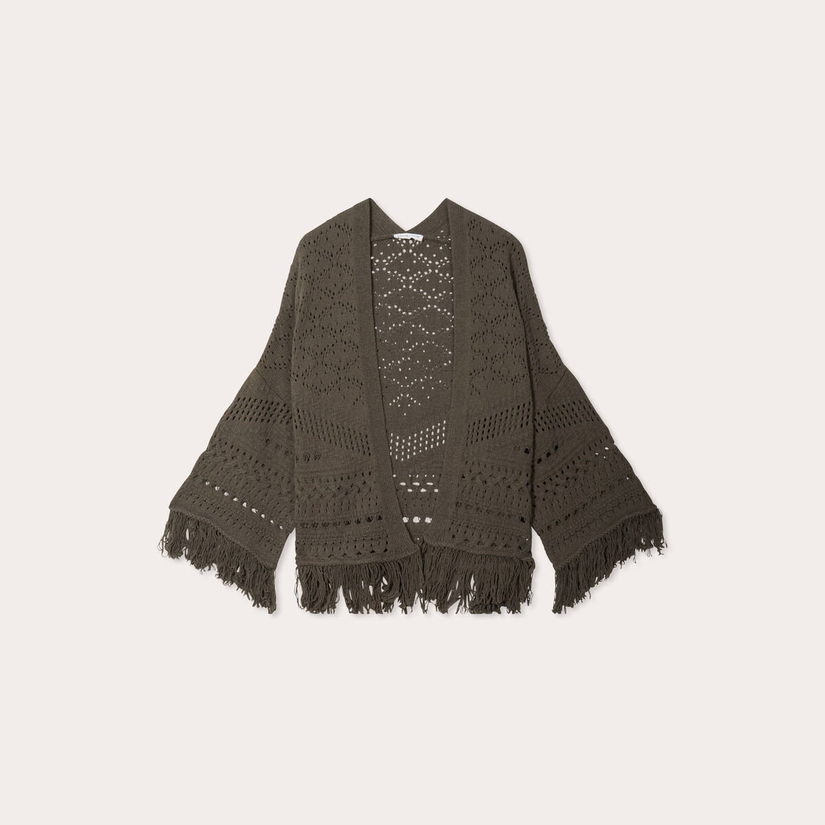 Gilet ajouré avec franges vert kaki femme