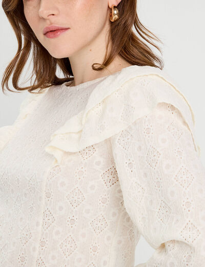Blouse brodée avec volants ecru femme