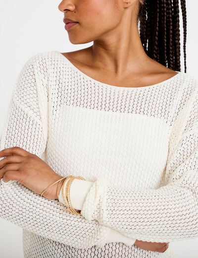 Pull ample ajour&eacute; manches longues ecru femme
