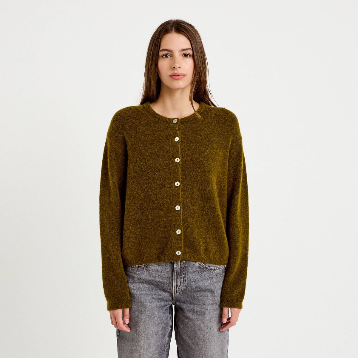 Gilet manches longues vert olive femme