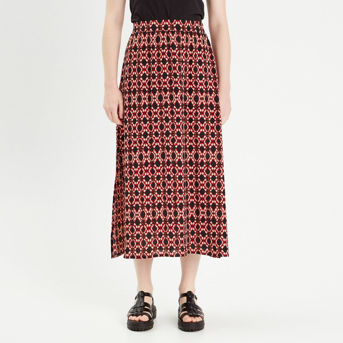 Jupe midi évasée fluide rouge femme