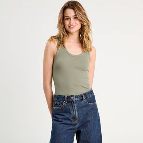 debardeur cotele col rond vert kaki femme Débardeur côtelé col rond vert kaki femme