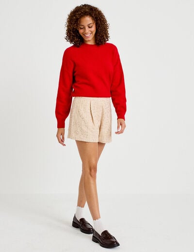Short large taille haute en tweed ivoire femme
