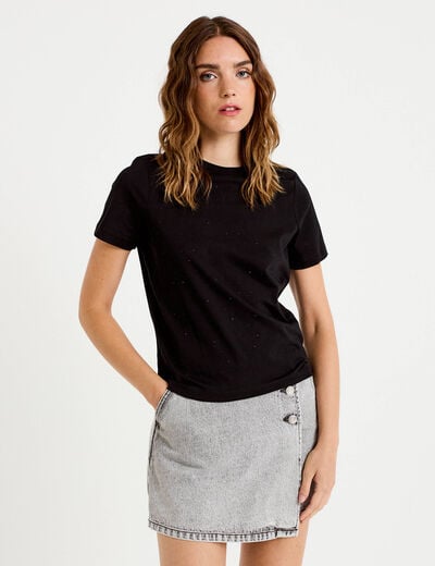 T-shirt &agrave; strass manches courtes noir femme