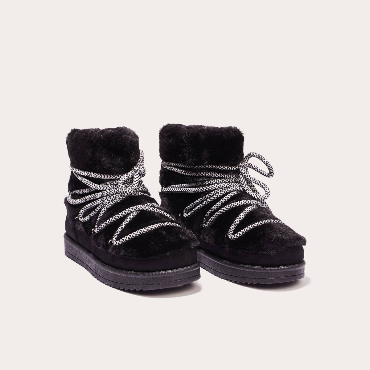 Bottines fausse fourrure à lacets noir femme