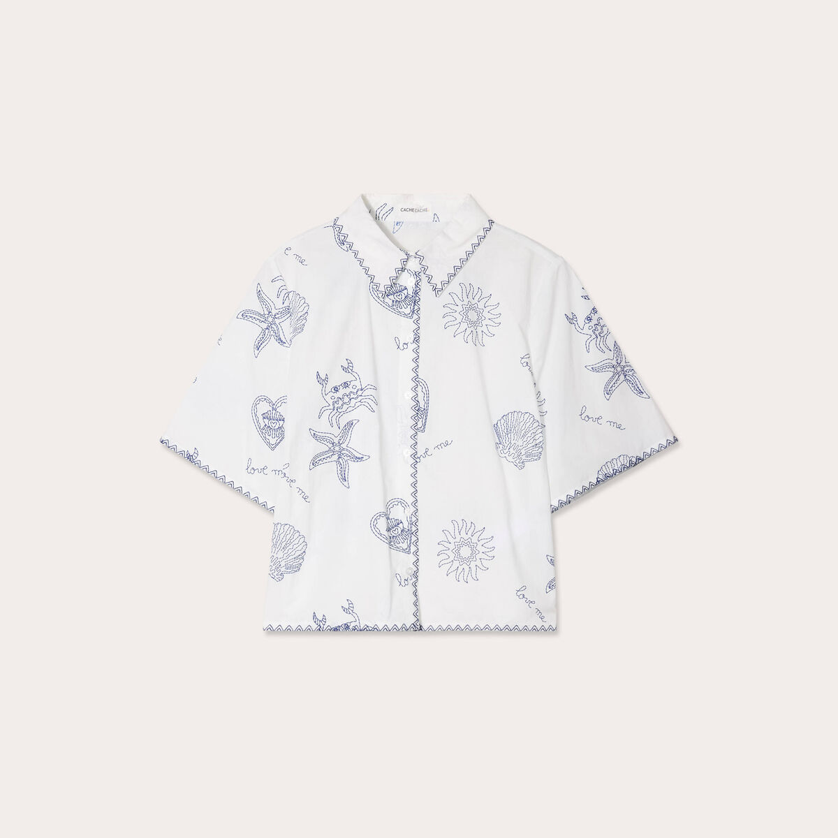Chemise manches courtes brodée bleu marine femme