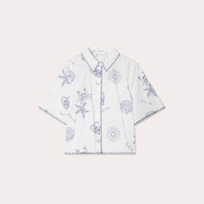 Chemise manches courtes brodée bleu marine femme