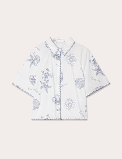 Chemise manches courtes brodée bleu marine femme