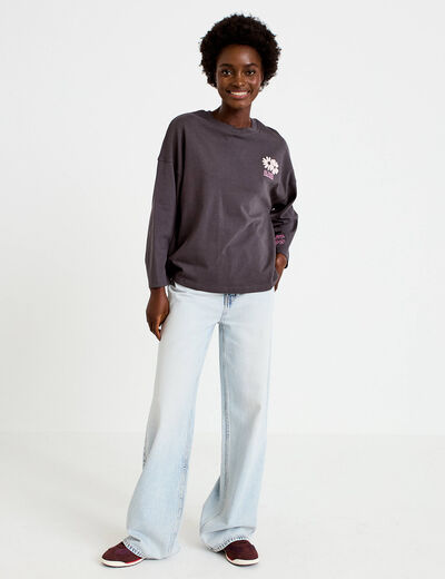 Sweat oversize col rond manches longues gris fonc&eacute; femme