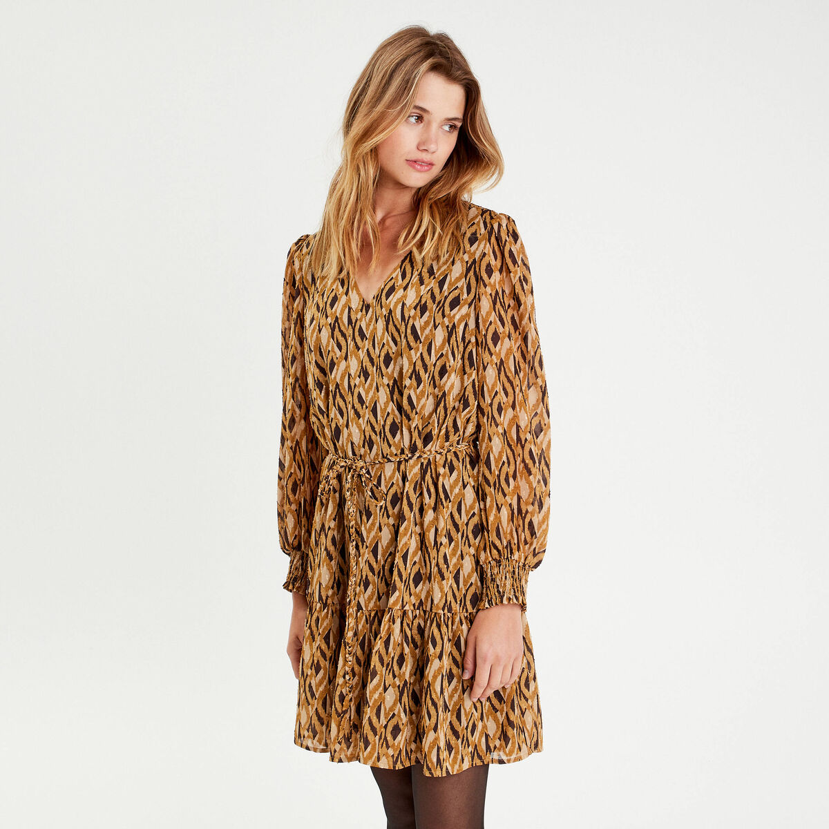 Robe droite col en V marron femme