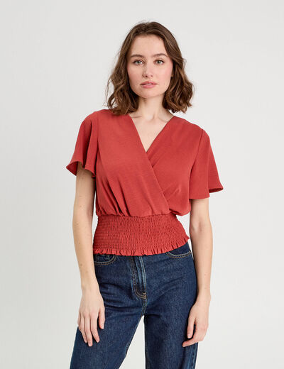 Blouse smockée manches courtes vieux rose femme