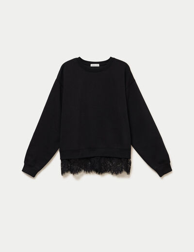 Sweat droit col rond d&eacute;tail dentelle noir femme