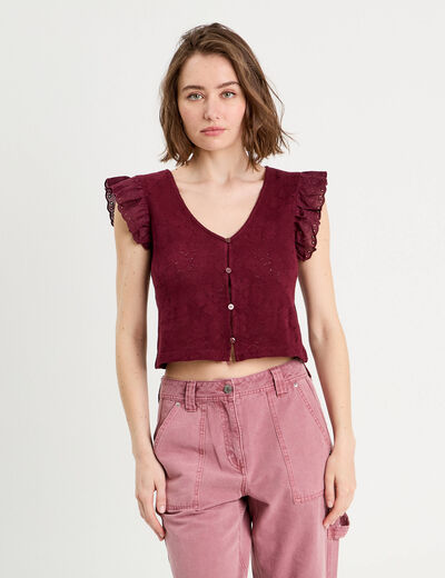 T-shirt manches volants prune femme