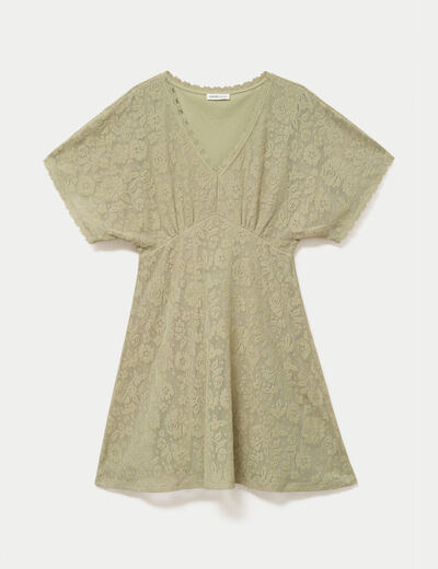 Robe courte &eacute;vas&eacute;e col v dentelle vert kaki femme