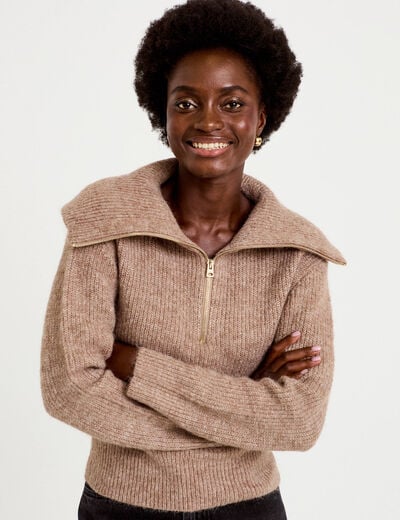 Pull col camionneur manches longues beige femme