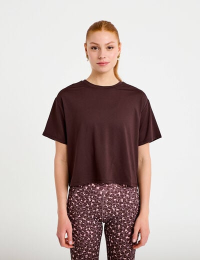 T-shirt col rond manches courtes marron fonc&eacute; femme