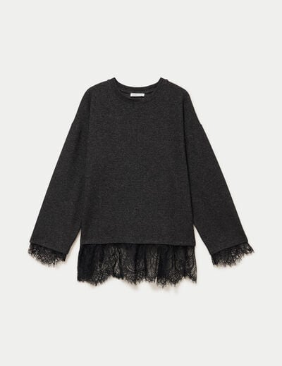 T-shirt manches longues avec dentelle gris fonc&eacute; femme