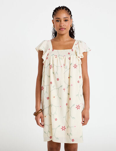 Robe courte &eacute;vas&eacute;e brod&eacute;e blanc femme