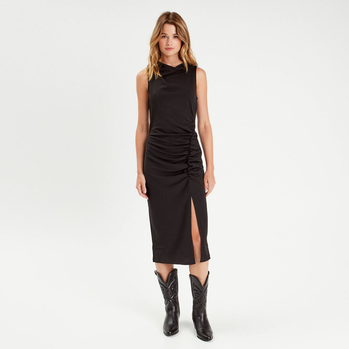 Robe longue ajustée drappée noir femme