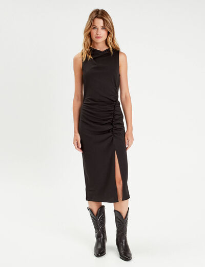 Robe longue ajustée drappée noir femme