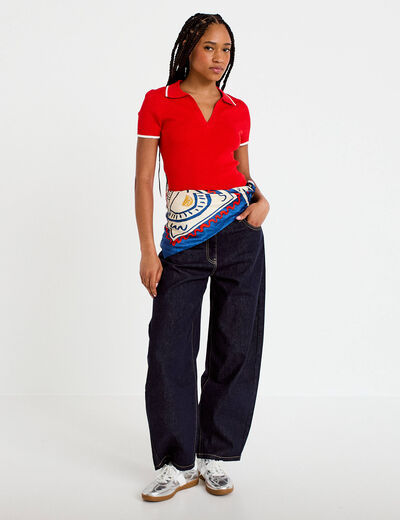 Pull manches courtes col polo rouge femme