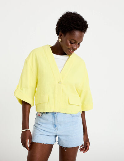 Veste ample pliss&eacute;e manches 3/4 jaune citron femme