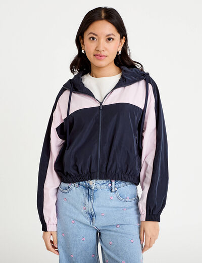 Veste cropped &agrave; capuche bas resserr&eacute; bleu marine femme