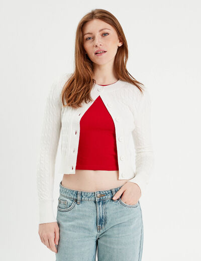 Gilet manches longues torsades ecru femme