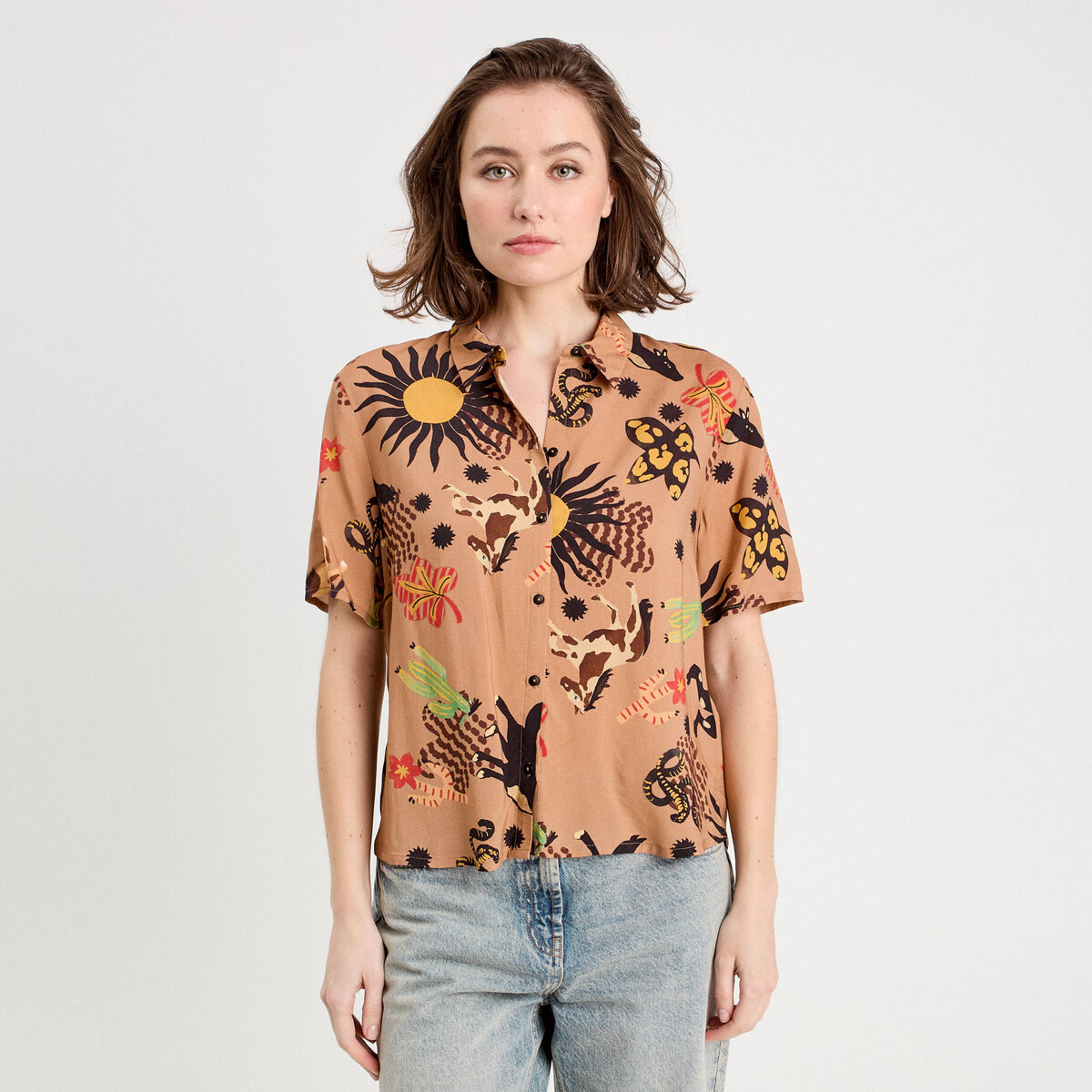Chemise manches courtes marron foncé femme
