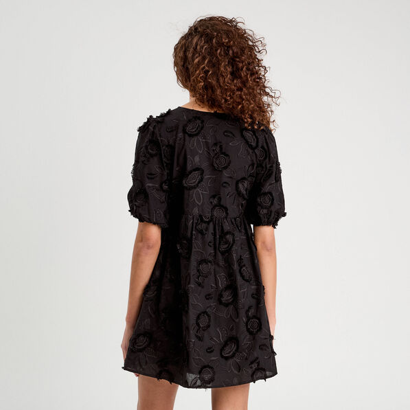 Robe évasée brodée noir femme