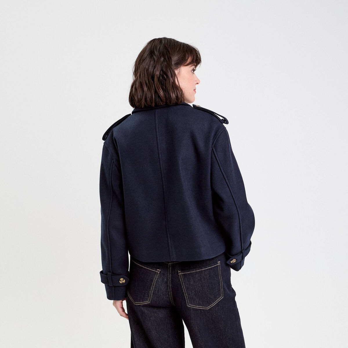 Trench court boutonn&eacute; bleu marine femme