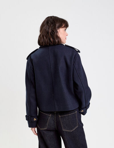 Trench court boutonné bleu marine femme