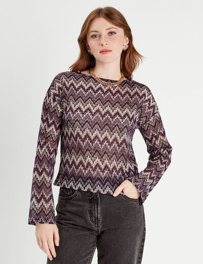 T-shirt manches longues ajouré violet femme